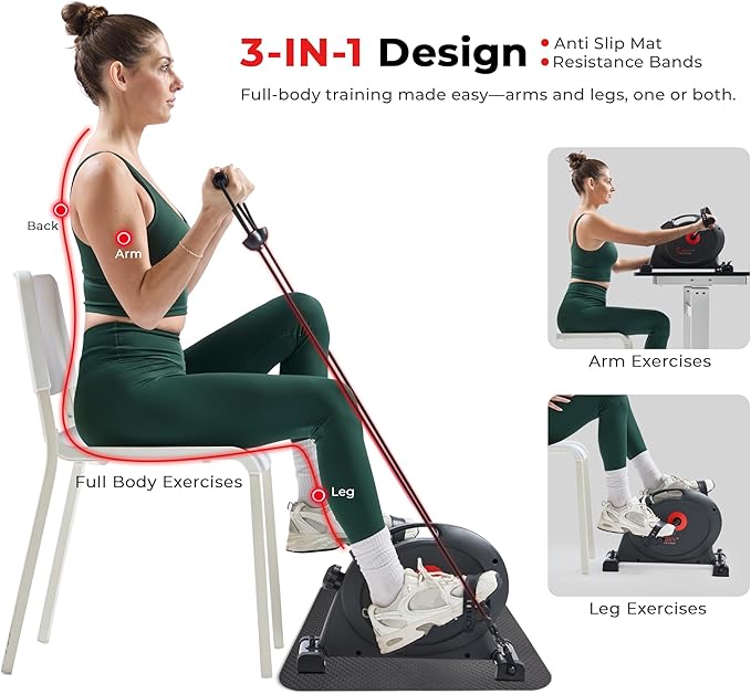 Sunny Health & Fitness Smart Under-Desk Bike Exerciser, Low-Impact Cardio Cycling Equipment for Home/Office, Mini Paddler for Arm/Leg Mobility Training, Free SunnyFit App Connect, Optional Motorized