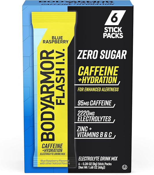 BODYARMOR Caffeinated Flash I.V. Electrolyte Packets Blue Raspberry - Zero Sugar Energy Drink Mix