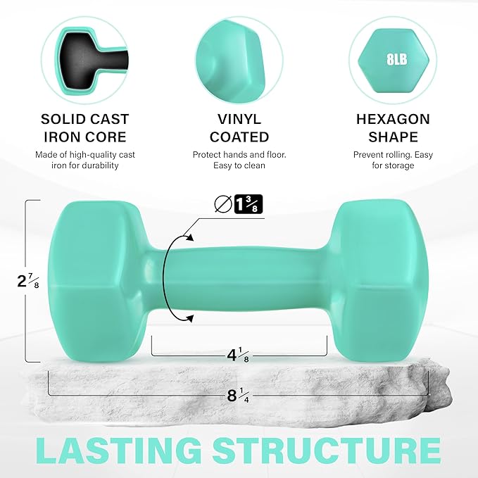 Yes4All Vinyl Hexagon Dumbbell - Dumbbells Set of 2 Hand Weights for Home Gym & Strength Training (2-15 lbs Weight Options)