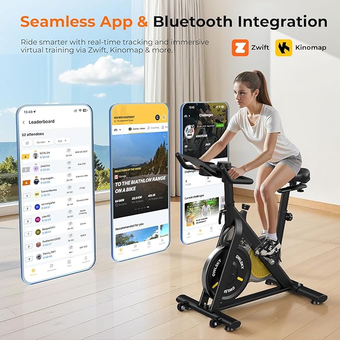 OWLSKY Exercise Bike with APP, Magnetic Resistance Indoor Cycling Bike, 300 lbs Capacity Quiet Stationary Bike for Home Gym Cardio Workout, Adjustable Seat & Tablet Holder