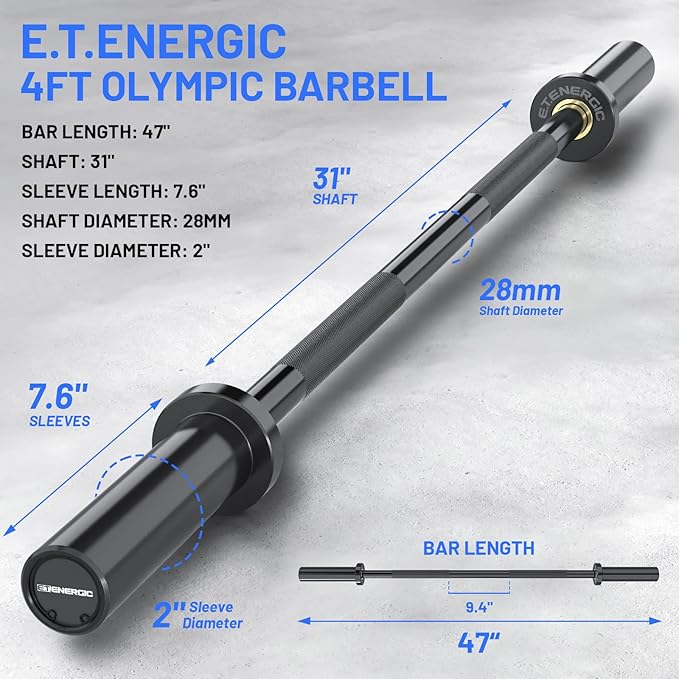 4ft Olympic Barbell 20KG Bar Load 500lbs Capacity Available Men's Barbell with Hard Chrome Sleeves for 2" Olympic Plates