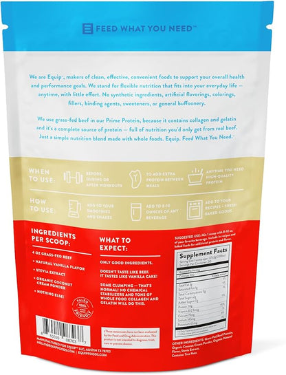 Equip Foods Prime Protein Powder | Clean, Grass Fed Beef Protein Powder | Carnivore Protein Isolate | Paleo, Keto Friendly | Gluten & Dairy Free | Helps Build & Repair Tissue | 30 Servings, Vanilla