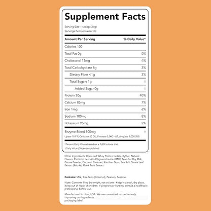 Clean Simple Eats Whey Protein Powder, Chocolate Peanut Butter Flavor Naturally Sweetened, 100% Grass Fed Protein Powder with Digestive Enzymes & No Artificial Ingredients, Gluten Free, 30 Servings
