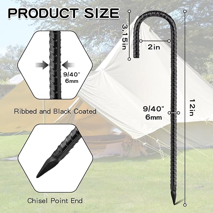 Black Rebar Stakes 12inx6mm Galvanized J Hook 20pcs – Heavy Duty Ground Tent Stakes for Fence,Bounce House,Outdoor Plants,Artificial Turf,Dog Coop,Metal Stakes for Christmas Decorations