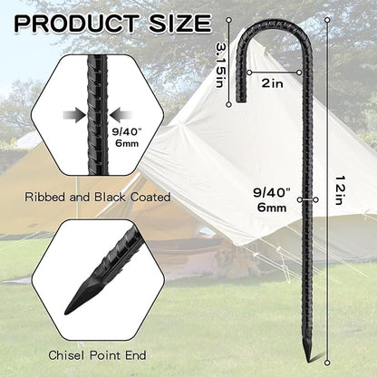 Black Rebar Stakes 12inx6mm Galvanized J Hook 6pcs – Heavy Duty Ground Tent Stakes for Fence,Bounce House,Outdoor Plants,Artificial Turf,Dog Coop,Metal Stakes for Christmas Decorations