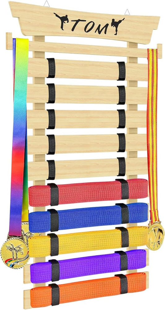 10 Belts Karate Belt Display Rack with Stickers, Taekwondo Belt Display, Martial Arts Belt Display Holder, Jiu Jitsu BJJ Belt Display Hanging Holder for Kids and Adults Gifts