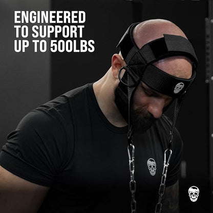 Gymreapers Neck Harness Weight Lifting - Neck Trainer Workout Equipment - Heavy Duty Stainless Steel Chain, Adjustable Neoprene Head Strap, Exercise Equipment for Strength & Pain Relief