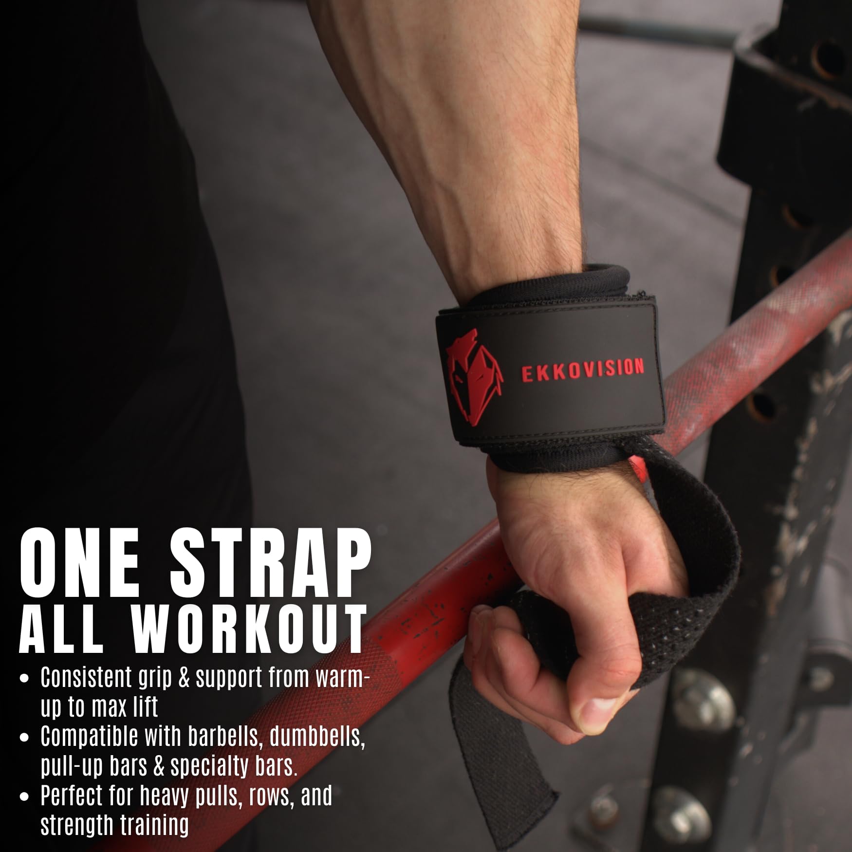 Ekkovision Weight Lifting Straps, Cuffed D Ring, Phase 3 Logo, Black