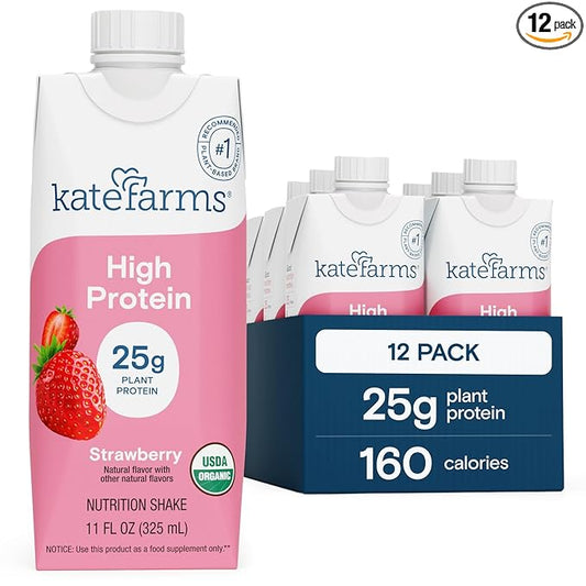 KATE FARMS Organic High Protein Strawberry Nutrition Shake, 25g Protein, 6g Fiber, 27 Vitamins and