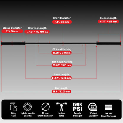 PAPABABE 7ft Barbell Olympic Barbell 1000lb Capacity Home Gym Black Elite