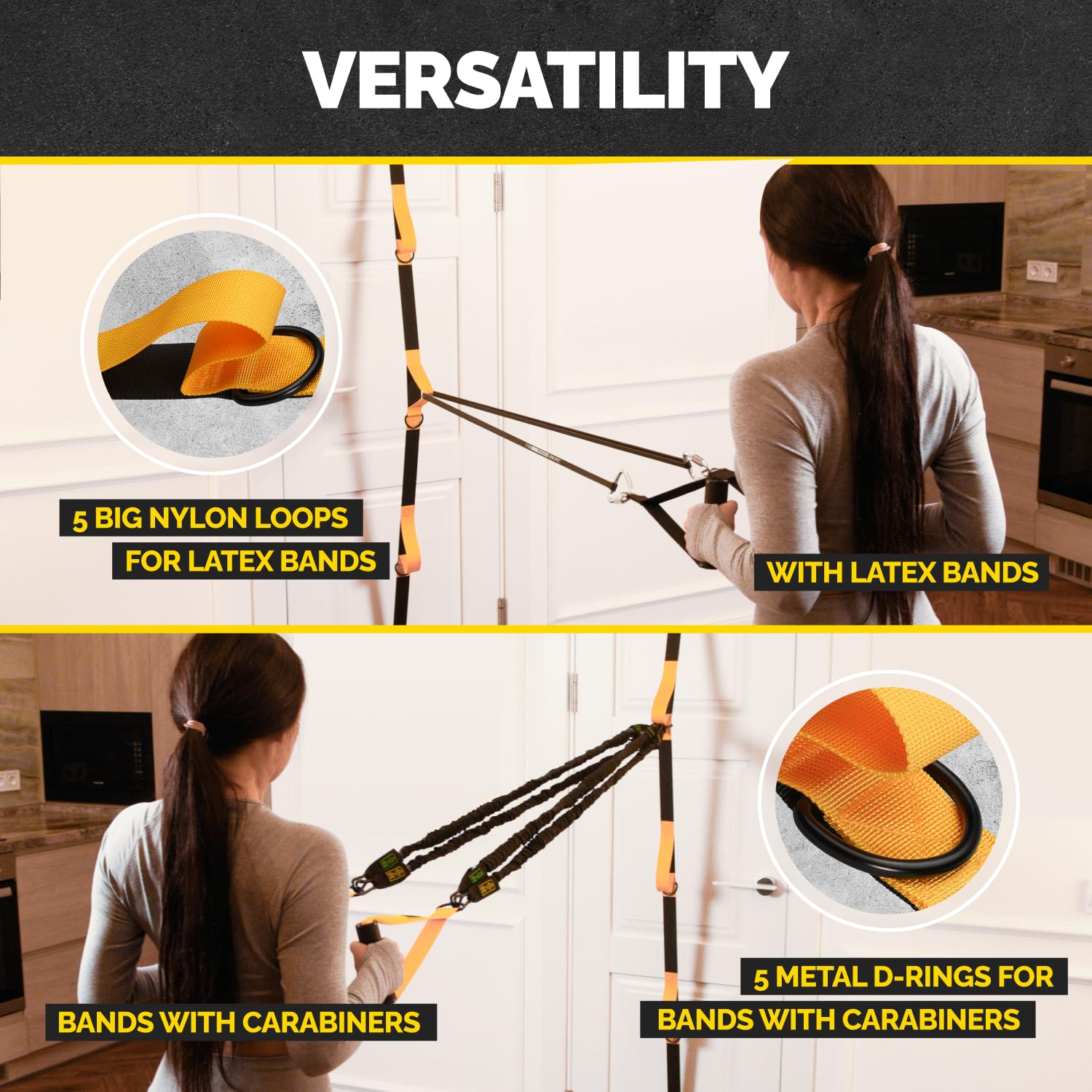 Door Anchor Strap for Resistance Bands with 5 Loops and Metal D-Rings