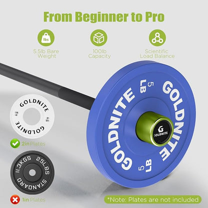 5.5LB Mini Barbell Bar 4Ft for Beginners Women & Kids-100LB Capacity Lightweight Weightlifting Bar- Multi-Color for 2-Inch Weight Plates Total Body Workout Strength Training Home Gym