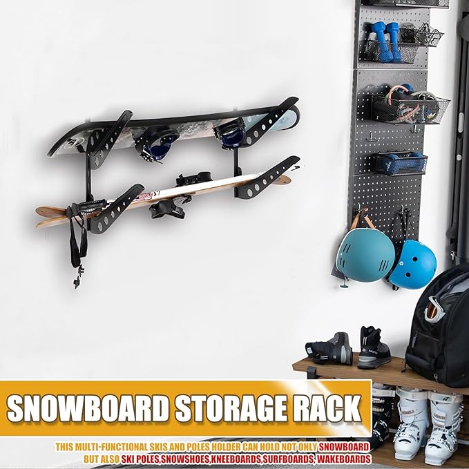 2 Board Snowboard Wall Racks, Adjustable Storage Rack for Ski, Surfboard, Wakeboard, Snowboard Wall Mount Display, Black