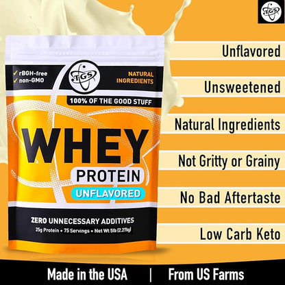 100% Whey Protein Powder Unflavored, Unsweetened for Men & Women - Clean, No Artificial Ingredients - 5lb Bulk, Soy Gluten Free, Keto, Low Carb - Post Workout Muscle Growth Recovery