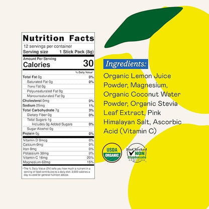 Organic Hydration Electrolyte Drink Mix, Certified Organic Hydration Powder, Non-GMO, Biochecked Glyphosate Free, Low Sugar, Lemonade Flavor, No Artificial Flavors,12 Stick Packs
