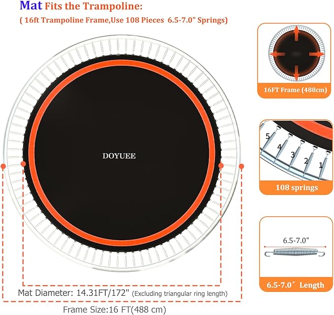 Trampoline Mat Replacement-Fits 16FT Frame with 108 Rings Fits 6.5-7.0" Springs-Mat Diameter 14.3ft (172inch), Not Include Spring and Frame