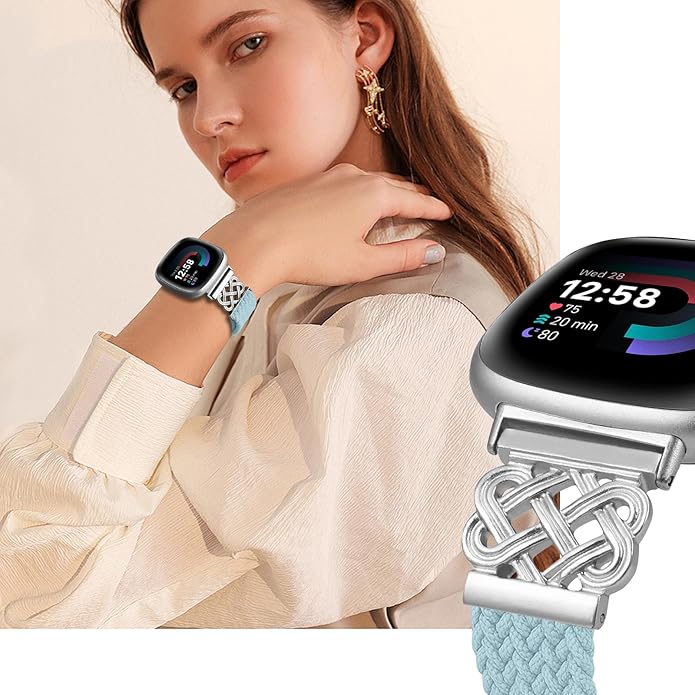 Braided Band Compatible with Fitbit Versa 4 Bands for Woman/Versa 3/Sense 1/Sense 2 Band, Magnetic Clasp Fabric Nylon with Designer Interlock Buckle Straps for Fitbit Versa4/3/Sense1/2