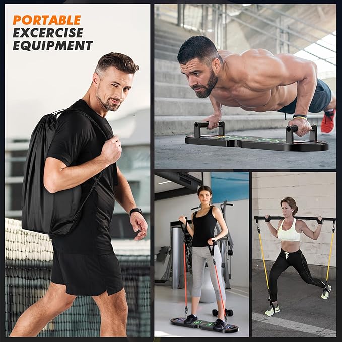 Portable Home Gym Workout Equipment, Push Up Board, Pilates Bar & Fitness Accessories with Resistance Bands for Upper Body Strength Training Full Body Workout at Home