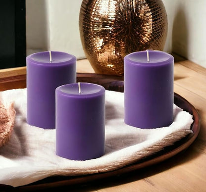 Mister Candle Dripless Unscented Pillar Candles, Set of 3 Hand Poured Solid Color Non-Scented Candles for Home Decor, Premium Wax, 60 Hr Burn Time - 3x4 Inch, Purple