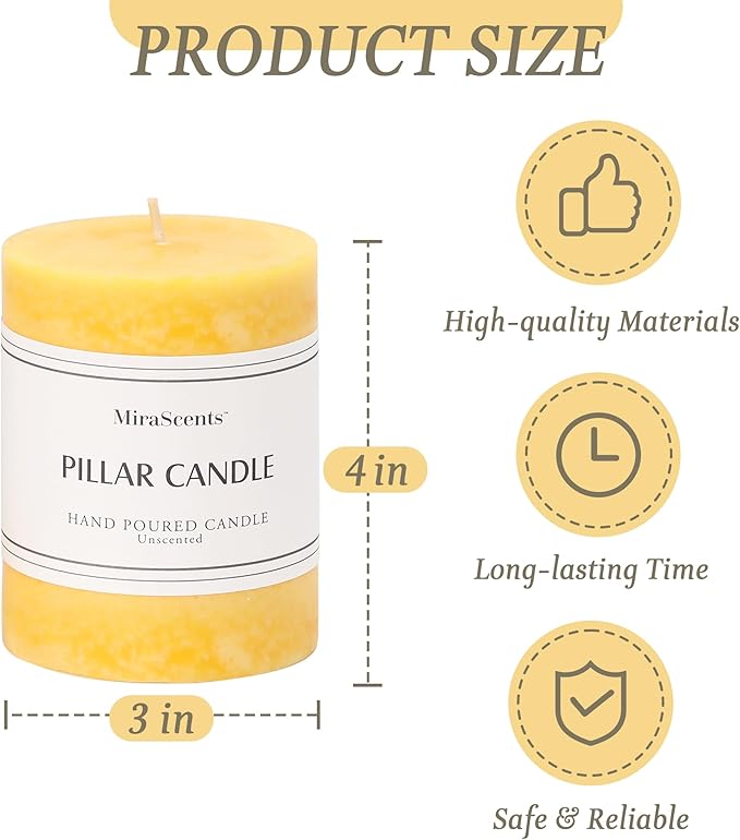3x4 inch Yellow Pillar Candles Set of 3, Unscented Pillar Candle, Dripless and Smokeless Large Candles, Candle for Home Decor, Dinner Table,Weddings, Holidays