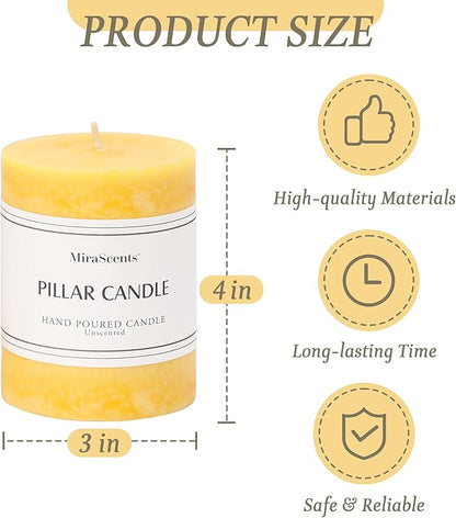 3x4 inch Yellow Pillar Candles Set of 3, Unscented Pillar Candle, Dripless and Smokeless Large Candles, Candle for Home Decor, Dinner Table,Weddings, Holidays