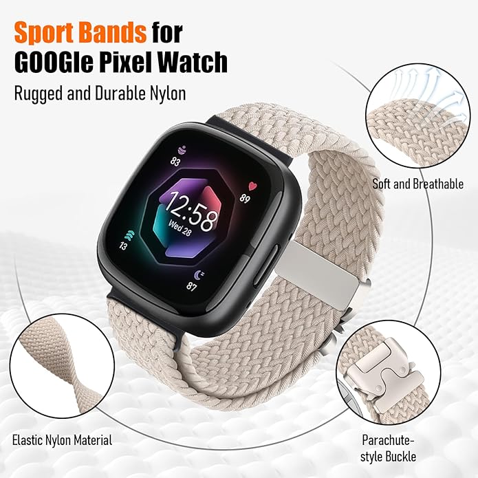 Braided Stretchy Band for Fitbit Versa 4/Versa 3/Sense 2/Sense Watch Band Women Men,Parachute-style Buckle Nylon Sport Wristband Soft Fabric Elastic Loop Strap Accessories for Versa 4/3