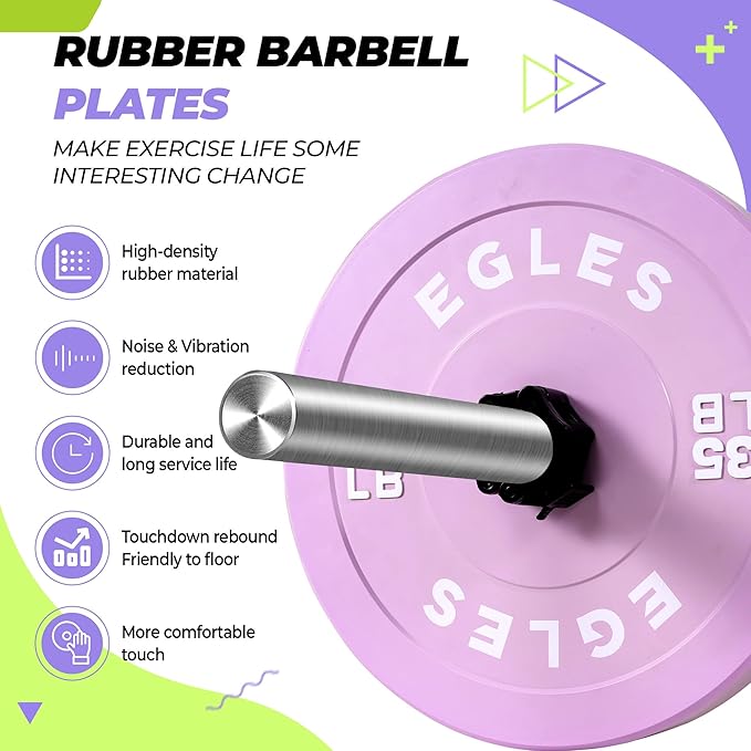 EGLES Vibrant Colorful Olympic Weight Plates, Rubber Barbell Plates, 2-inch Standard Virgin Rubber Bumper Plate 10 15 25 35 45LB for Home Gym Weightlifting, Strength Training, Fit Workouts