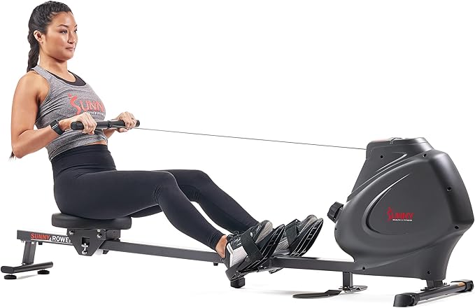 Sunny Health & Fitness Multi-Function Premium Magnetic Rowing Machine, Bicep Curls, Upward Rows, Seated Rows, Foldable Slide Rails, Digital Monitor, Optional Free SunnyFit App Connection