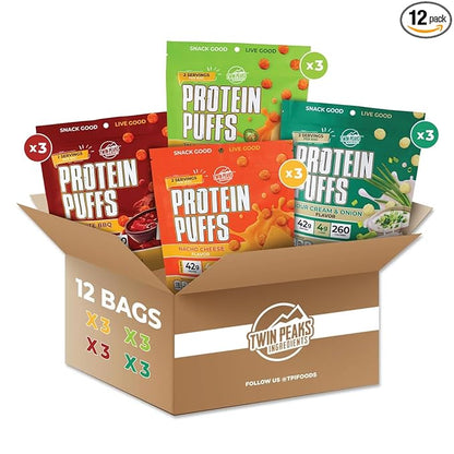 Twin Peaks Low Carb, Keto Friendly Protein Puffs, 2 Serving 12 Pack, (60g, 42g Protein, 4g Carbs)