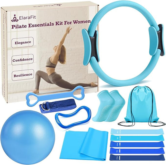 Home Pilates Kit for Women Pilates Equipment Ring and Ball Set Magic Circle Hoop with 5 Resistance Bands Compact Toning Fitness Essentials Starter Set Accessories