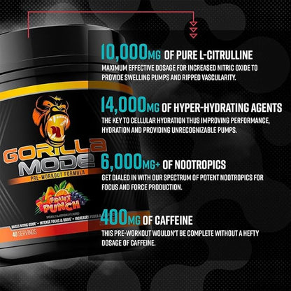 Gorilla Mind Pre Workout - Massive Pumps Laser Focus Energy Power - L-Citrulline, Creatine, L-Tyrosine, Betaine, Hydroprime, Alpha-GPC, 400mg Caffeine, Huperzine A 786g (Cotton Candy Grape)