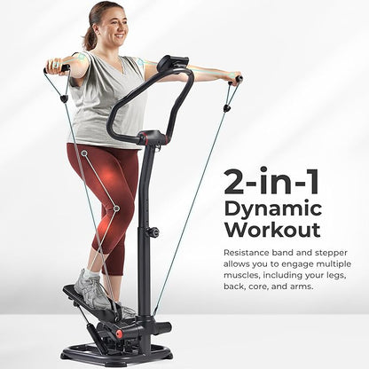 Sunny Health & Fitness 2-in-1 Premium Power Stepper with 400lbs Weight Capacity and Resistance Bands, Low-Impact Cardio, Space-Saving, Height-Adjustable, with Bluetooth and Free SunnyFit App