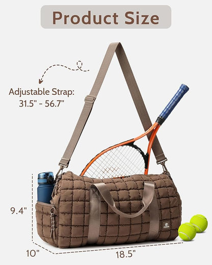 Quilted Duffel Bag for Women, Puffer Gym Duffle Bag with Shoe Compartment Lightweight Large Crossbody Sport Bag Travel Tote Brown