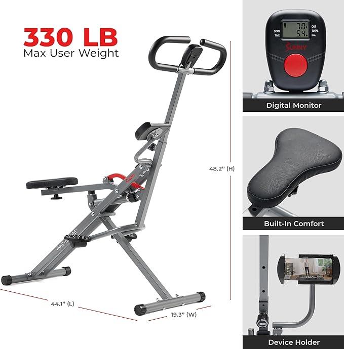 Sunny Health & Fitness Row-N-Ride PRO, Full Body Combo Squat Machine w/Optional Resistance Band, Easy Setup Ab Workout Exercise Equipment for Home, Whole Body Cardio, Optional SunnyFit App Connection