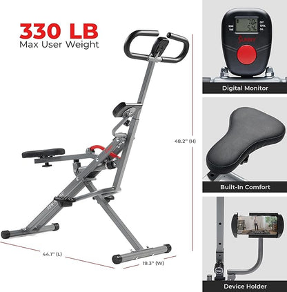 Sunny Health & Fitness Row-N-Ride PRO, Full Body Combo Squat Machine w/Optional Resistance Band, Easy Setup Ab Workout Exercise Equipment for Home, Whole Body Cardio, Optional SunnyFit App Connection