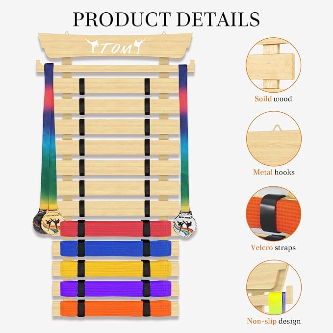 12 Belts Karate Belt Display Rack with Stickers, Martial Arts Belt Display Holder, Taekwondo Belt Display, Jiu Jitsu BJJ Belt Display Hanging Holder for Kids and Adults Gifts