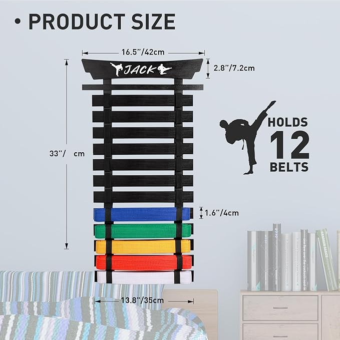 12 Belts Karate Belt Display Rack with Stickers, Martial Arts Belt Display Holder, Taekwondo Belt Jiu Jitsu Belt BJJ Belt Display Hanging Holder for Adults
