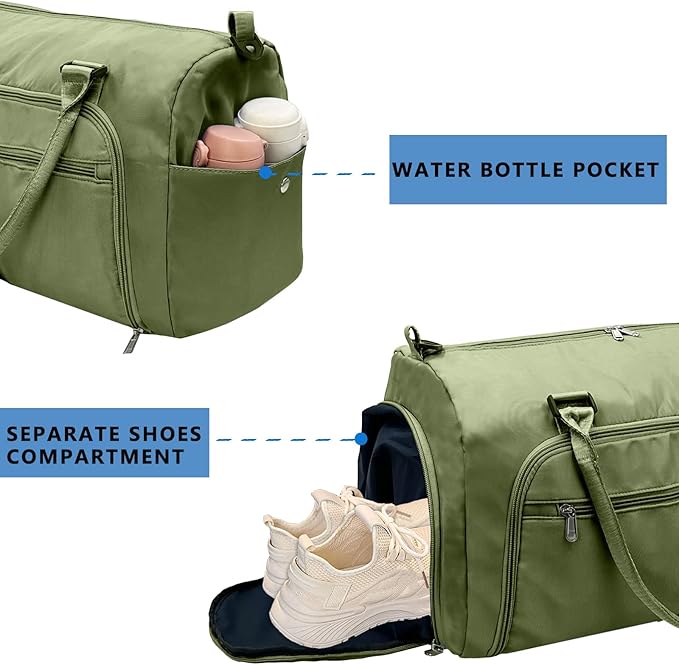 woogwin Small Gym Bag for Men & Women with Shoes & Wet Compartment Waterproof Duffle Bag for Travel Sports Workout Overnight Weekender(17.7'',Army Green)