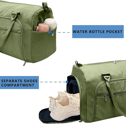 woogwin Small Gym Bag for Men & Women with Shoes & Wet Compartment Waterproof Duffle Bag for Travel Sports Workout Overnight Weekender(17.7'',Army Green)