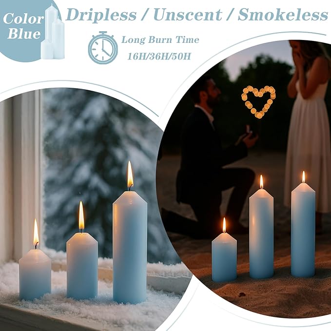 36 Pcs Blue Pillar Candles Bulk Set，Hurricane Candlesï¼? Different Lengths (12 Each)，Dripless Unscented Smokeless，Gives You a Better Atmosphere When Organizing Wedding or Event Party.