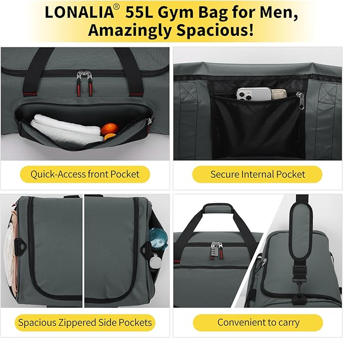 55L Large Sports Duffle Bag for Men - 22 inch Men's Gym Bag Heavy Duty Duffel Bag (Gray)