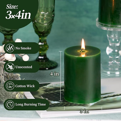 KONNI Navy Green Pillar Candles Set of 3, 3"x 4" Unscented Pillar Candles Bulk, 39 Hours Long Burning Candles, Smokeless&Dripless Large Round Candle for Wedding, Home Decoration, Parties, Spas, Dinner