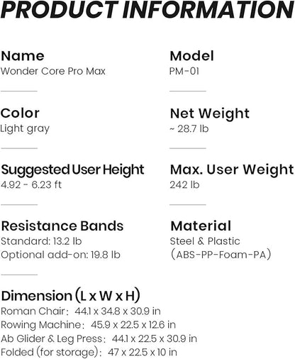 WONDER CORE Pro Max, Ab Machine for Stomach Workout, Ab Workout Equipment for Home Gym Trainer, 4-in-1 Exercise Equipment - Rowing, Leg Press, Glider, Roman Chair