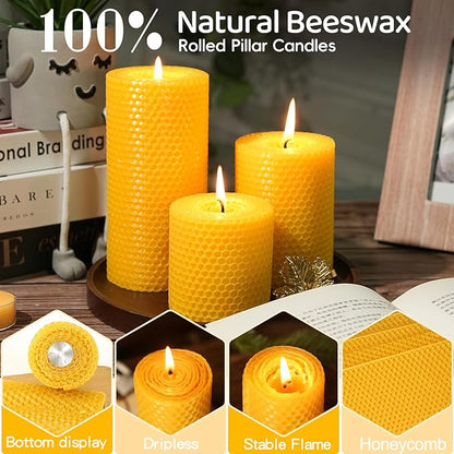 Hand-Rolled Beeswax Candles,2.8x3in-6PCS,All Natural Honeycomb Beeswax Pillar Candles,144 Hours Long Burning Bees Wax Candles for Home,Dripless Smokeless Unscented Honeycomb Pillar Candle