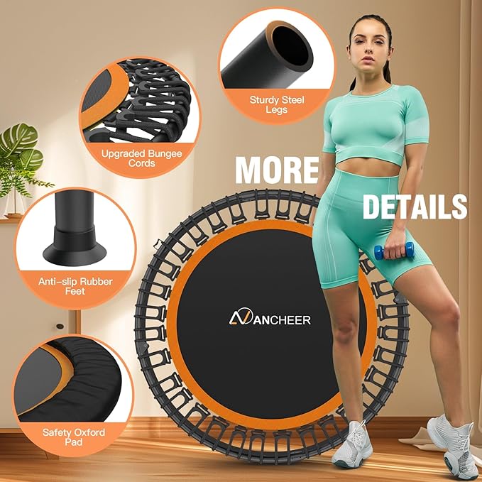 ANCHEER 40" Foldable Mini Trampoline,Max Load 450lbs/550lbs Indoor Trampoline,with 4 Level Adjustable Foam Handle and Resistance Bands,Adult Exercise Trampoline for Home, Garden, and Gym