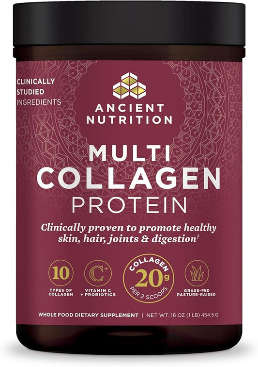 Ancient Nutrition Collagen Powder Protein with Probiotics, Unflavored Multi Collagen Protein with