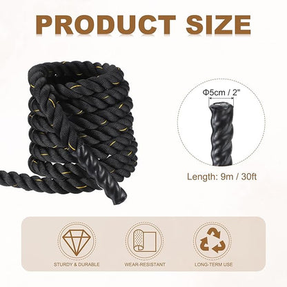 MECCANIXITY Battle Rope 30ft x 2 Inch Polyester Workout Rope Heavy Fitness Exercise Rope for Strength Training Home Gym Muscle Building, Black Yellow