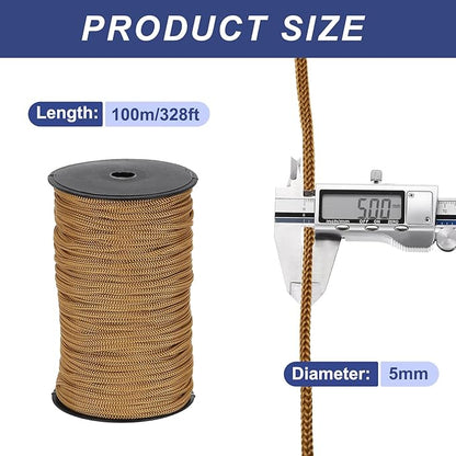 MECCANIXITY 3/16 Inch Polypropylene Rope Braided Ropes, 328ft Nylon Rope Hollow Utility Cord for Clothesline, Camping, Hiking, Outdoor, Brown