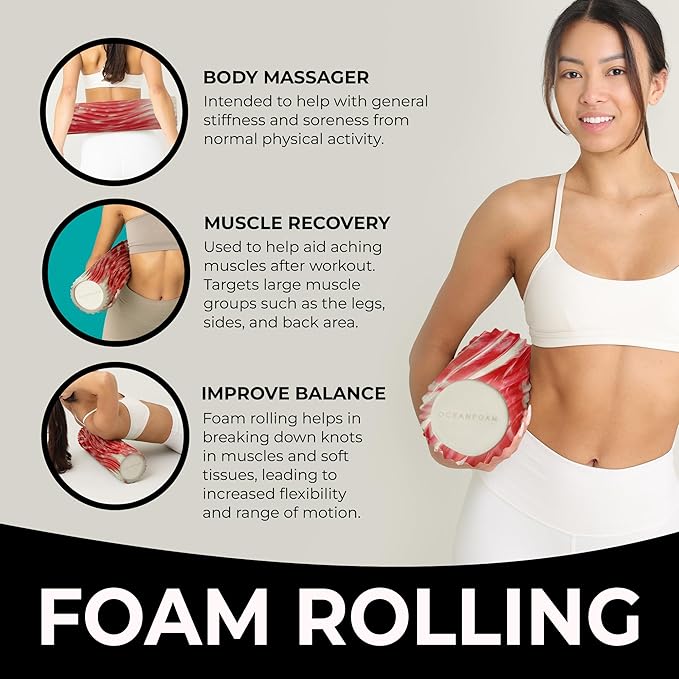 Oceanfoam Tidal Roller - Red Marbled - Muscle Massage Foam Roller for Back Pain & Stretching - Firm and Ergonomic Wide Wave Textured - Yoga, Athletics, & Wellness - Full Size, 20" x 5"