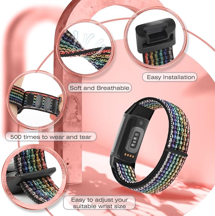 Sport Loop Nylon Watch Bands Compatible with Fitbit Charge 6/5, Adjustable Breathable Replacement Soft Nylon Loop Wristband for Women/Men